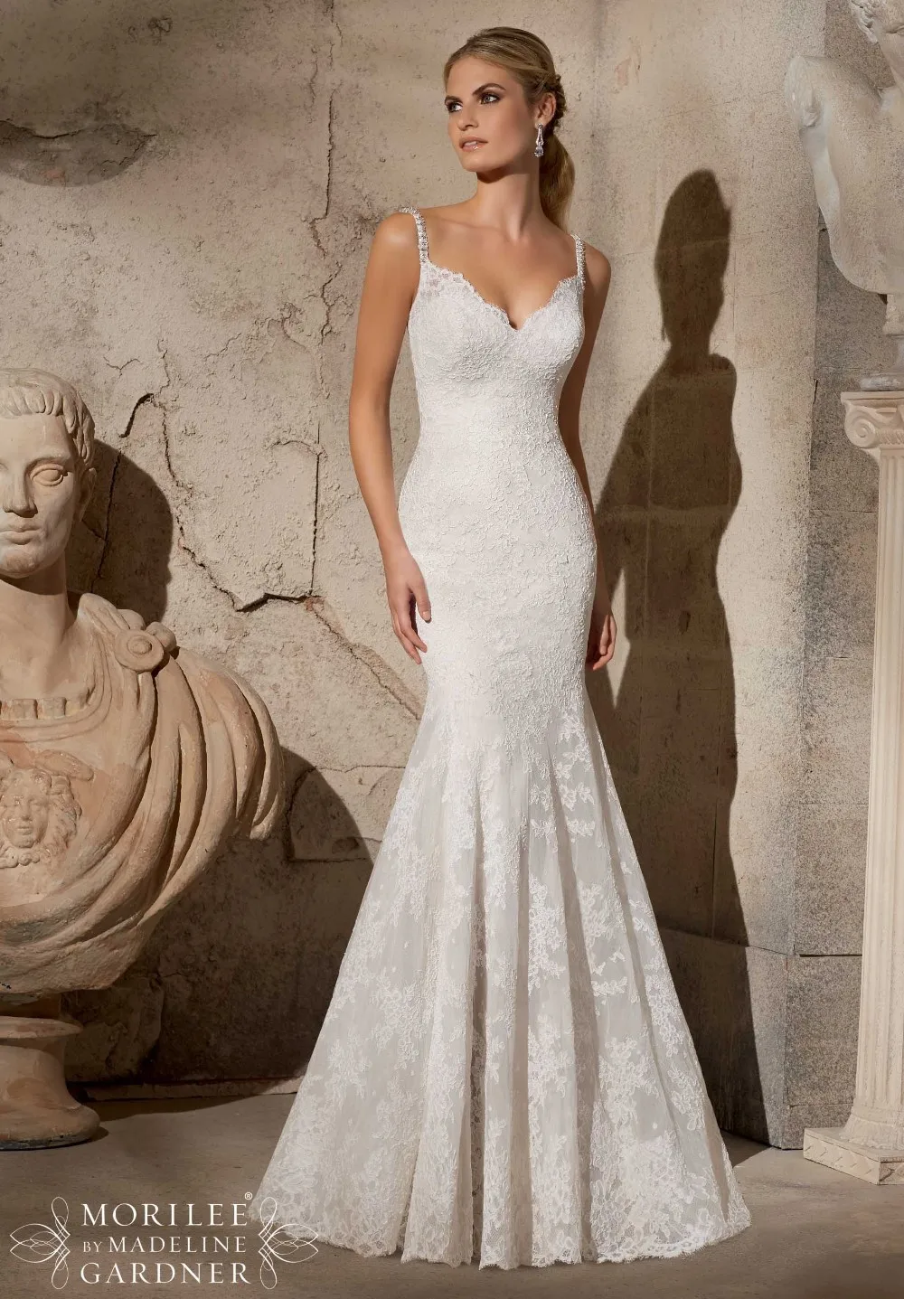 

Free Shipping Hot Sale Beaded Spaghetti Straps Low Back Quality Made Lace Wedding Dress