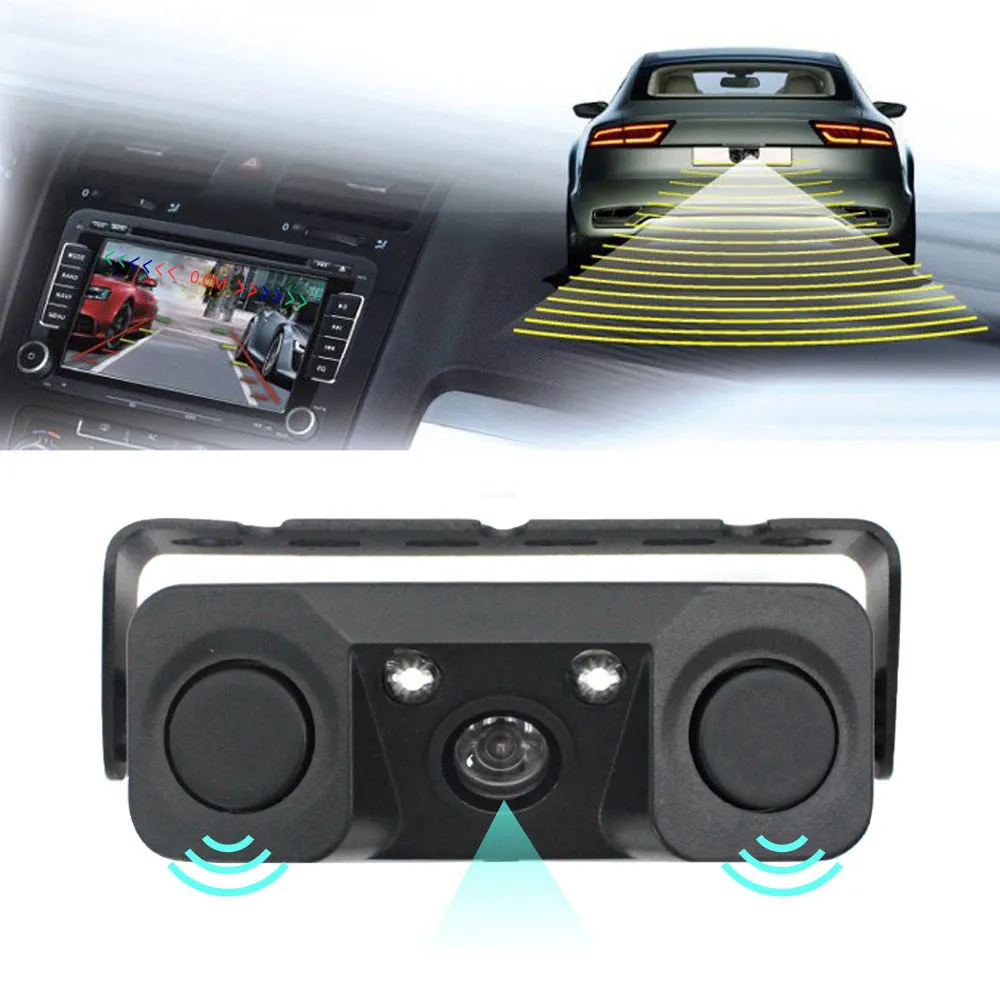 

3 IN 1 Video Parking Sensor Kit Night Vision Waterproof Auto Reversing Rearview Parking Alarm with 1 or 2 Radar Detector Sensors