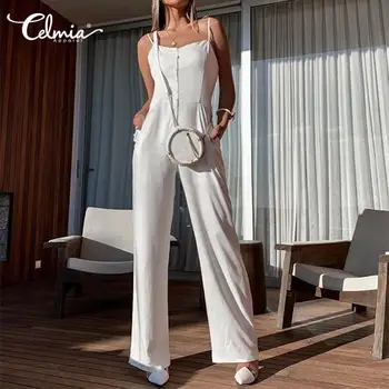 

2020 Celmia Sexy Women Sleeveless Jumpsuits Long Rompers High Waist Buttons Elegant OL Office Lady Playsuit Plus Size Overalls