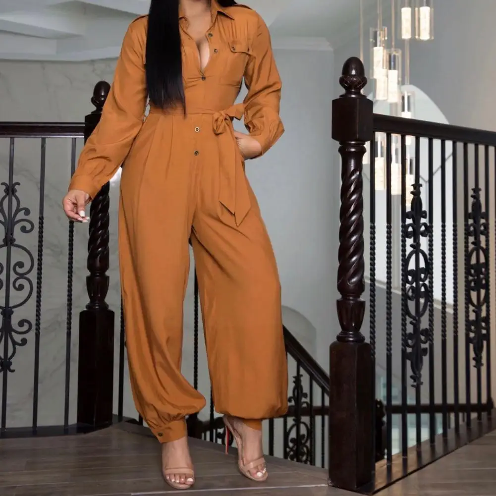 Temperament  Elegant Lapel Full Length Jumpsuit Autumn Women Jumpsuit Single Breasted   for Office