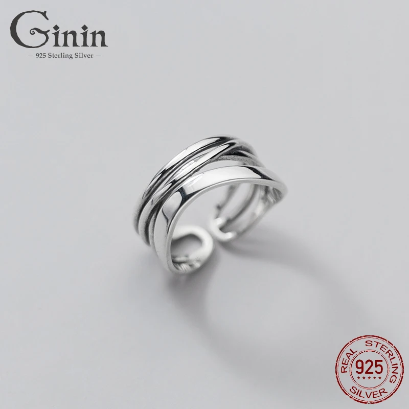 

Ginin Vintage Multi-Layer Hollow Glossy Line 925 Sterling Silver Ring for Women 2021 Fashion Trend Anniversary Party Jewelry