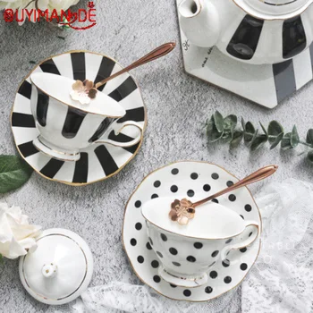 

Simple Retro Style Black and White Wave Dot Stripes Bone China European-style Phnom Penh Coffee Cup and Saucer Set Afternoon Tea