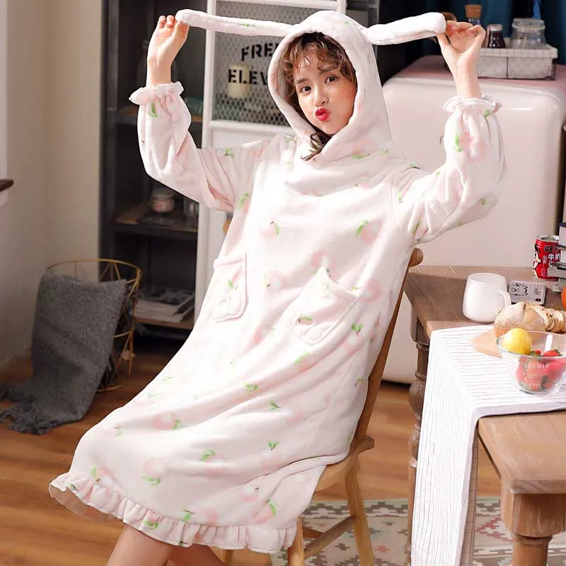 Rabbit Ears Hooded Flannel Bath Robe Cartoon Women Bathrobe Winter Thicken Plus Size Girls Night Gown Coral Fleece Nightgown - Цвет: 6