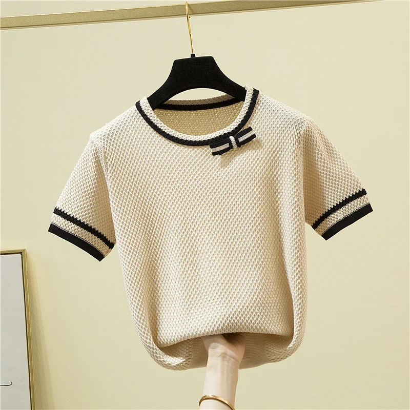 Korean Fashion Bow Patchwork Short Sleeve T-Shirt Women Elegant Summer Knitted Tees Office O-Neck Thin Woman Tshirt Tops Female