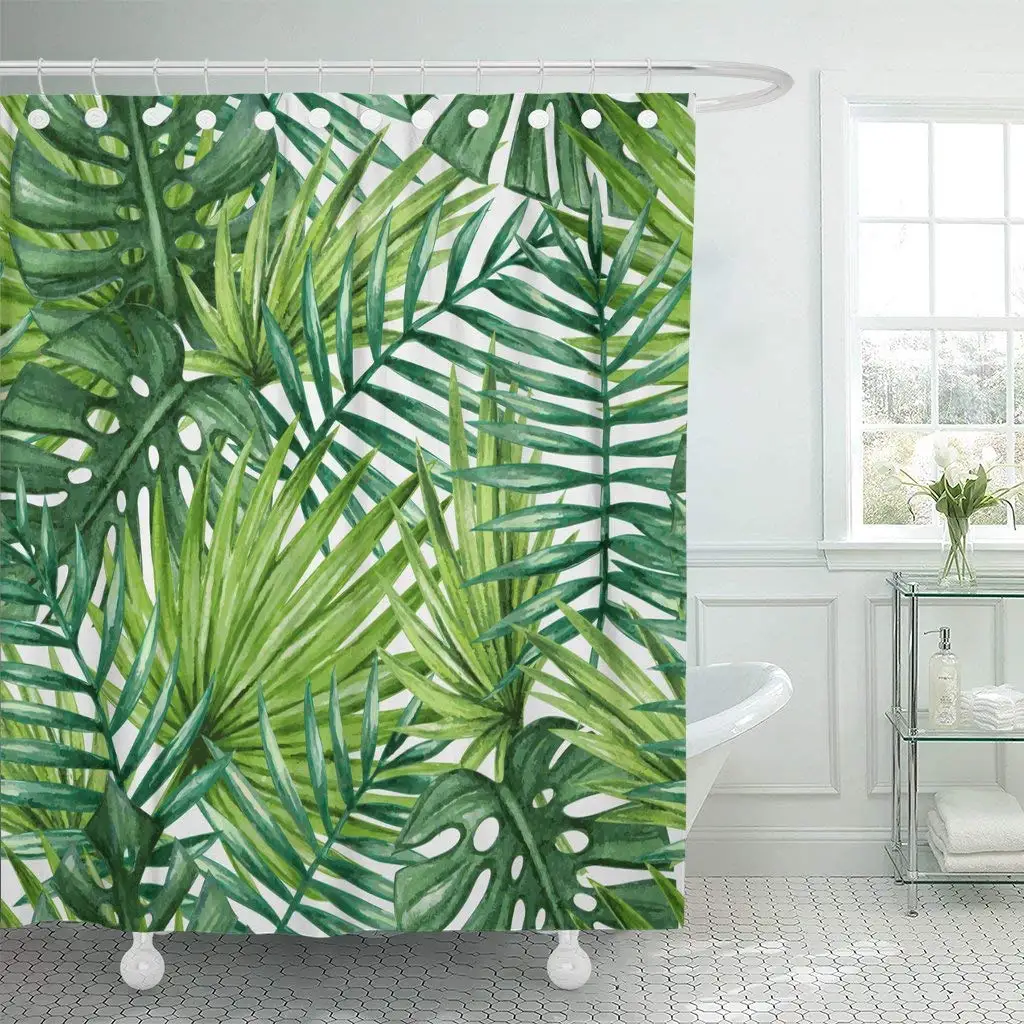 Shower Curtain Curtains Green Leaf Watercolor Tropical Palm Leaves