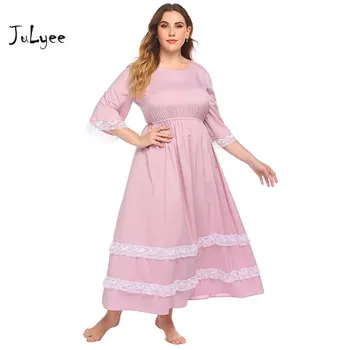 

JULYEE Women Solid Nightdress O-Neck Three Quarter Sleeve Patchwork Lace Hemline Autumn Long Sleepwear Plus Size