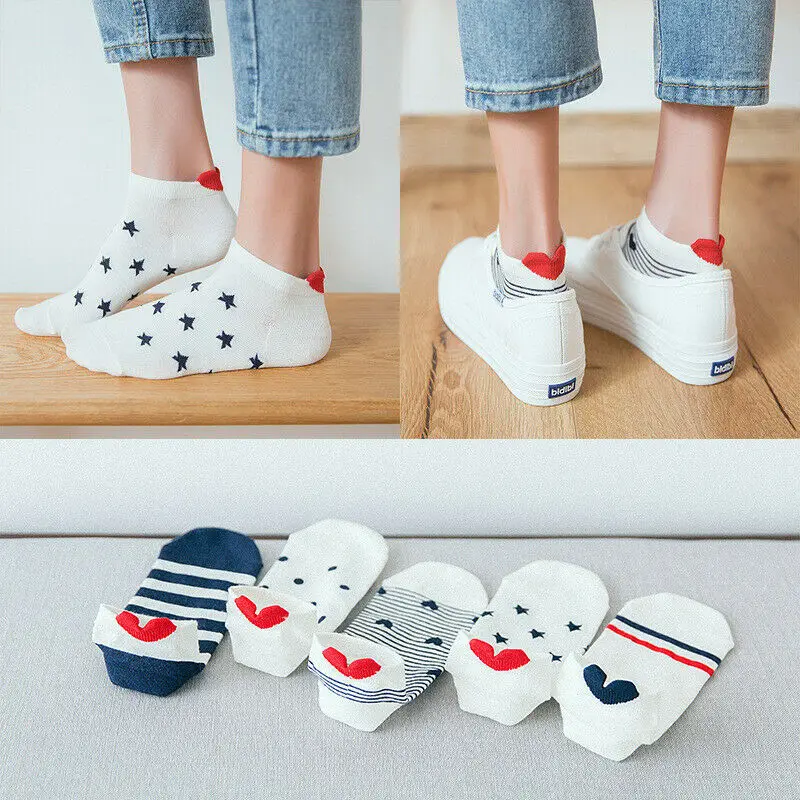 

Korean Style Women Girls Cartoon Red Heart Pattern Socks Cute Ankle Short Cotton Socks Summer Socks