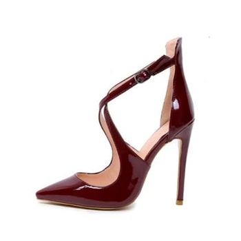 

Woman Designer Burgundy Pumps Pointed Toe Stiletto Heels Ankle Strap Party Shoes Thin High Heel Cross Strap Patent Leather