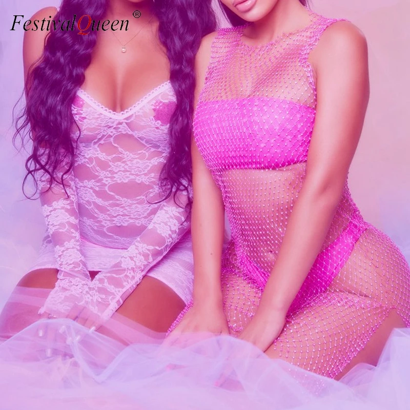 

Bling Rhinestones Grid Mini Dress Women Sexy See Through O Neck Side Slits Dress Summer Beach Cover Up Fashion Beachwear