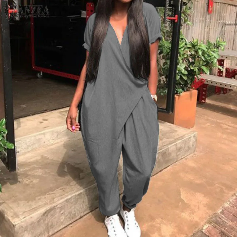 

2019 Fashion Summer Rompers ZANZEA Women Jumpsuits Casual Loose V Neck Short Sleeve Overalls Harem Pants Solid Long Playsuits 7