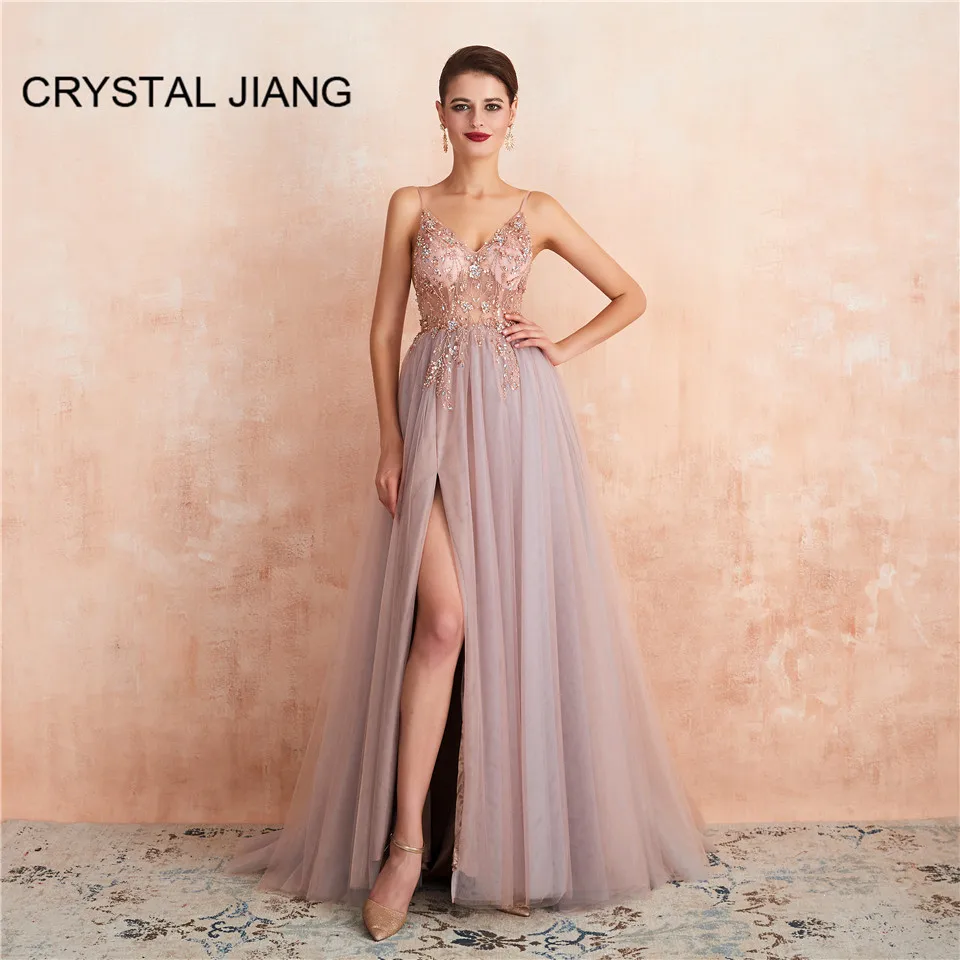 

Sexy Beaded Evening Dresses A-Line V-Neck Side Split Elegant Dusty Pink Formal Party Dresses Evening Long Gowns for Party