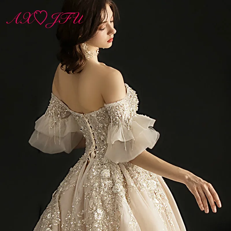 AXJFU роскошное кружевное свадебное платье принцессы шампанского, винтажные бисерные украшения для выреза «Лодочка», хрустальное свадебное платье с расклешенными рукавами, настоящая фотография