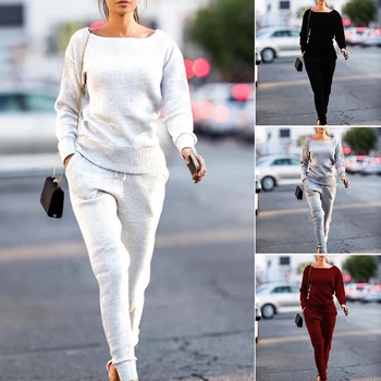 

2Pcs Women Casual Suit Solid Color Hoodies Pants Tracksuit Sweatshirt Sweat Suit Sportwear