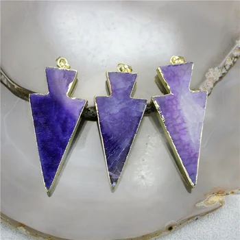 

50-60mm 10pcs/lot Dyed purple stone pendant,plating brass edge stone pendant,arrow shape stone charm