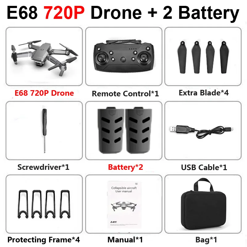 E68 WiFi FPV складной Профессиональный Дрон с камерой 4K оптический поток широкоугольный воздушный видео RC Квадрокоптер самолет Квадрокоптер - Цвет: E68 720P 2B Bag