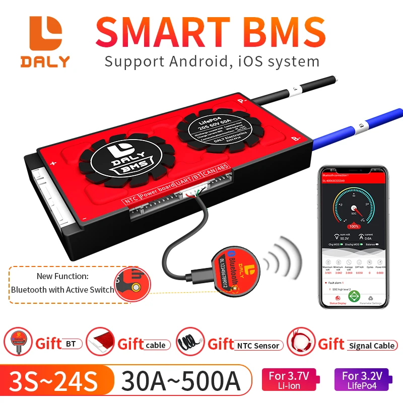 Плата DALY Lifepo4 BMS 8S 24 в Li-Ion LTO PCBA без BT RS485 может детской 10S 12S 16S 20S 12 36 48 60 72 84 с датчиком