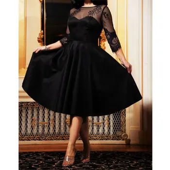 

BacklakeGirls Black Lace Sexy Round Neck Three Quarter Sleeve Satin Evening Dress Tea Length A Line Formal Dress Vestidos Largos