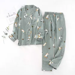 Ladies Pajamas Set 100% Gauze Cotton Cartoon Cat Printed Pyjamas Women Turn-down Neck Shirt+Pants Comfort Nature Sleepwear