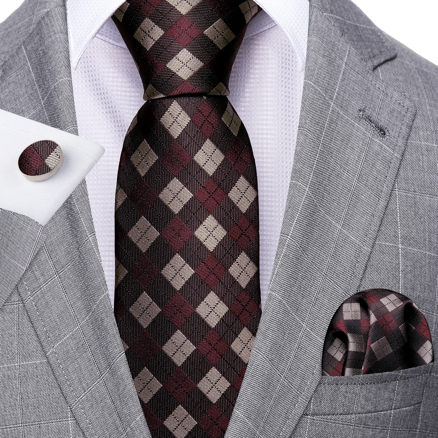 

New Fashion Red Plaid Men Wedding Tie Set Silk Retro Neckties Wedding Business Handkerchief Cufflink Tie Set Barry.Wang FA-5298