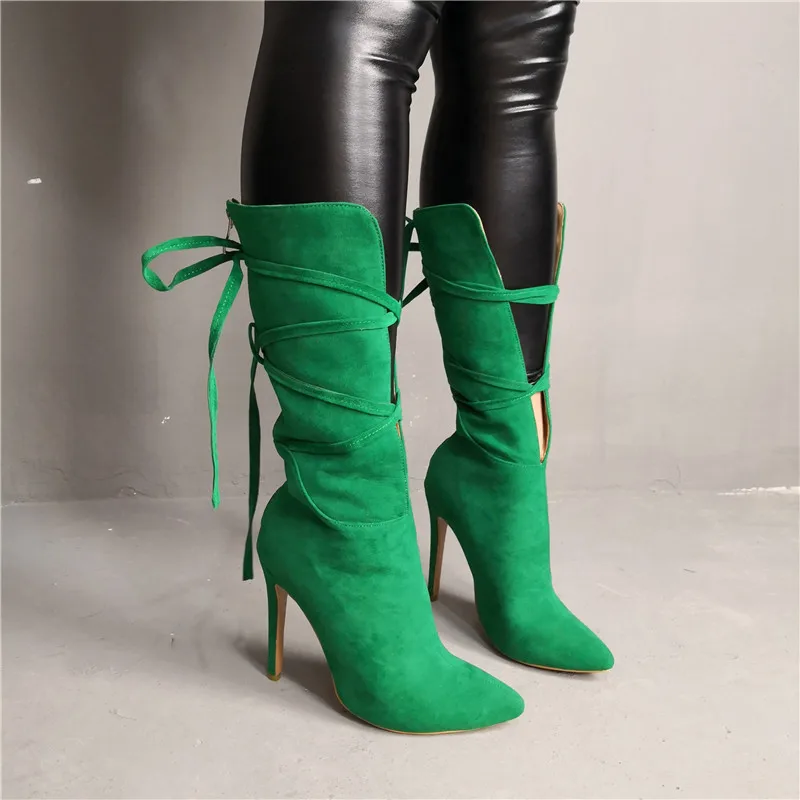 Botas de piel de ante para mujer, botines de media caña con cinta de  Apertura frontal, punta estrecha, tacones finos, color verde oscuro,  Primavera|Botas hasta el tobillo| - AliExpress