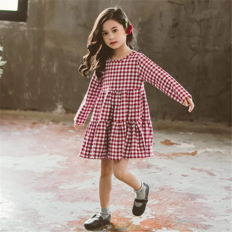 Red Plaid Dress Girl Autumn Bow-knot Winter Girl Dresses Long Sleeve Kids Clothing Casual Children Costume 4 5 6 7 8 10 12 Year - Цвет: Red