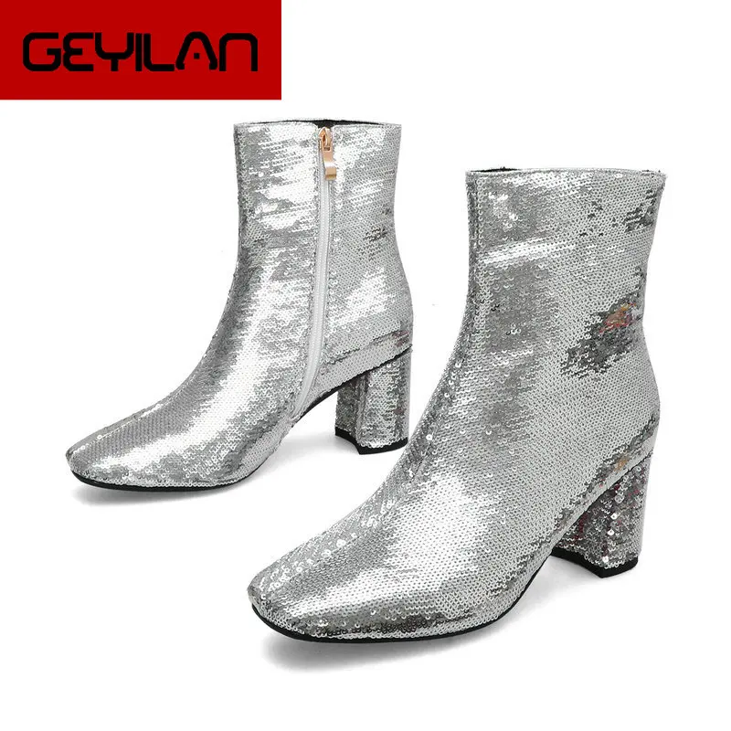 

Women Boots Fashion Sequined Ankle Boots Square High Heels Booties Autumn Winter Square Toe Ladies Boots Black Silver Red 2019