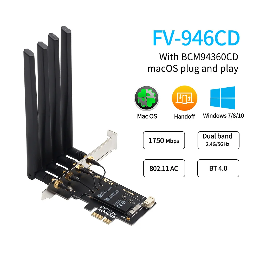 

1750Mbps BCM94360CD PCIe Dual Band 2.4G/5GHz 802.11ac Bluetooth 4.0 WiFi Card Wireless Adapter Airdrop For MacOS Hackintosh PC