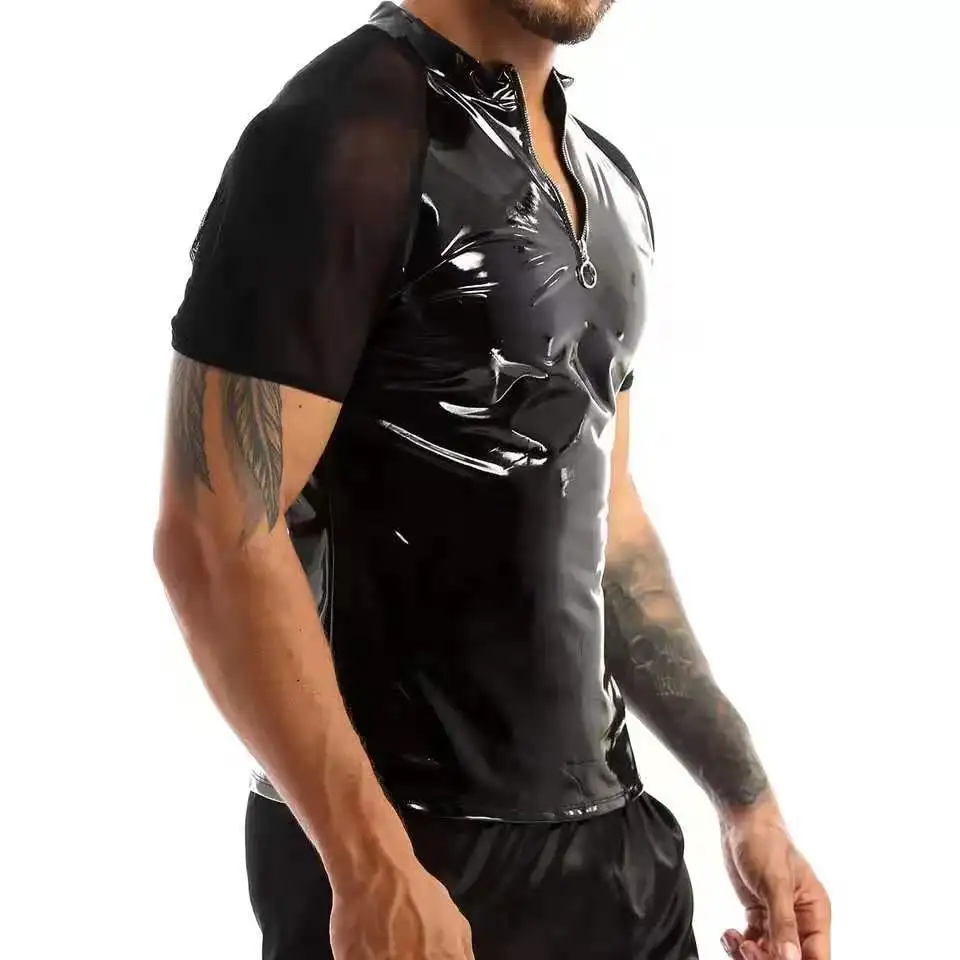 Mens Sexy Shiny Leather T-Shirt Erotic Sheath Wetlook Latex Coat Male Glossy Metallic PVC Leather Jacket Porn Short-sleeved Tops sports jersey