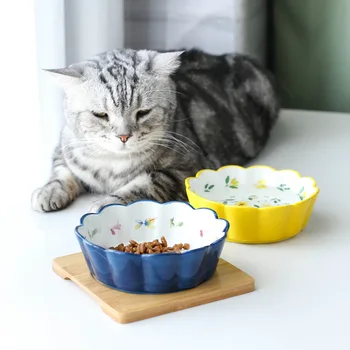 

Fashion Ceramic Pet Bowl Wooden Frame Base Fruit Flowers Pattern Lace Pet Feeder for Cat Small Dog Bowls Pet Supplies Accessorie