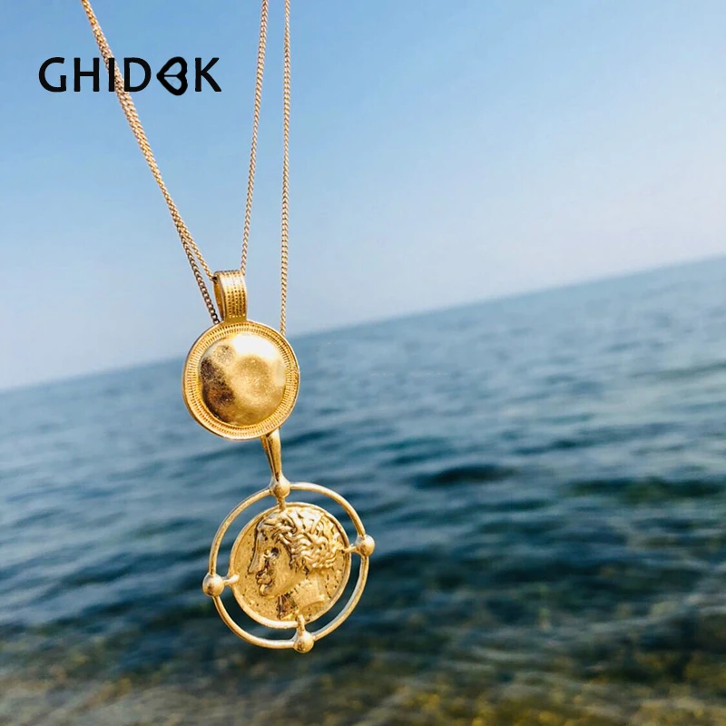 GHIDBK Vintage Gold Color Disc Portrait Pendant Chokers Necklaces For Women Hanging Coin Chain Choker Charms Necklaces Bijoux