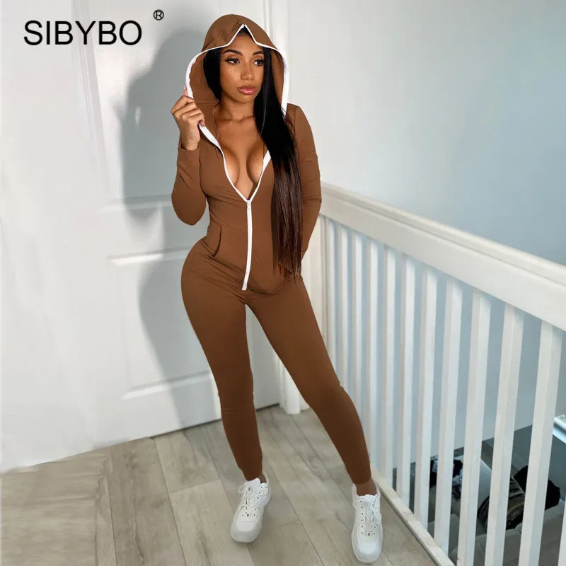 Sibybo Autumn Winter Hoodie Jumpsuit Romper Women Long Sleeve Zipper Sport Casual Jumpsuits Black Streetwear Slim Sexy Overalls