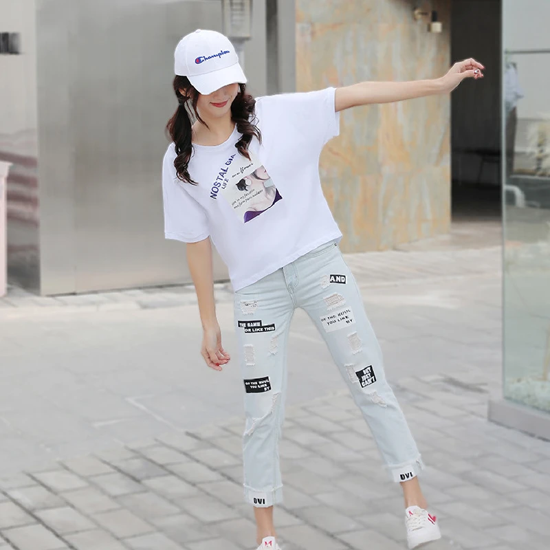 

2020 New Summer Women Cotton O-Neck Short Sleeve Loose T-shirts Female Fashion Casual Printing Stitching High Quality Tees QX91