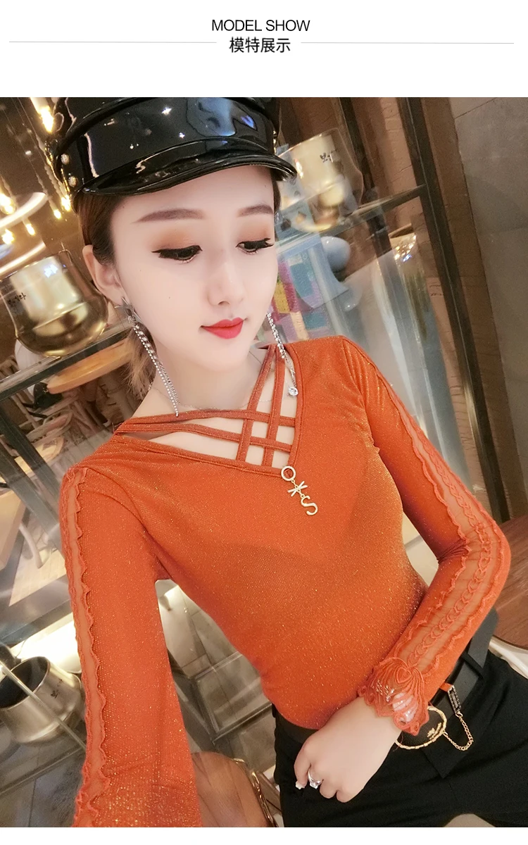 Корейский сексуальный лоскутный модный блестящий топ, новинка, Осень-зима, женский кружевной топ с длинным рукавом, рубашка, одежда, Camiseta Mujer T98902