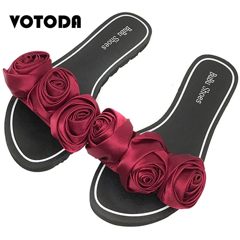 

VOTODA Summer Women Rose Flower Slippers Open Toe Shoes Non Slip Flat Sandals Casual Beach Slides Ladies Outdoor Fashion Slipper
