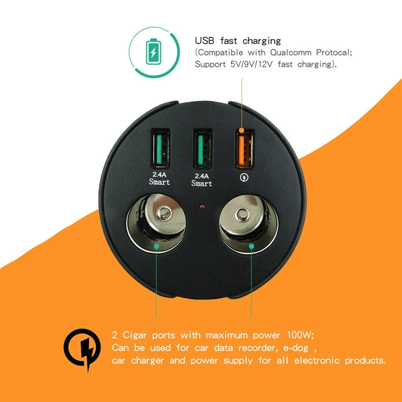 Multi-Function Car Cup Charger 2 Socket Cigarette Lighter Splitter 3 USB Port 3.1A DC5/9/12V