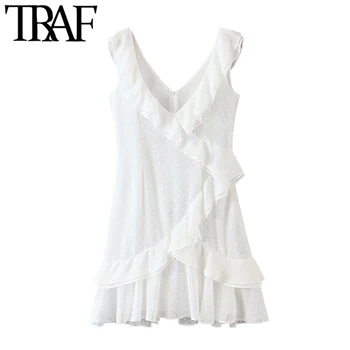 

TRAF Women Sweet Fashion Ruffle Dot Chiffon Mini Dress Vintage V Neck Sleeveless Female Dresses Chic Vestidos Mujer