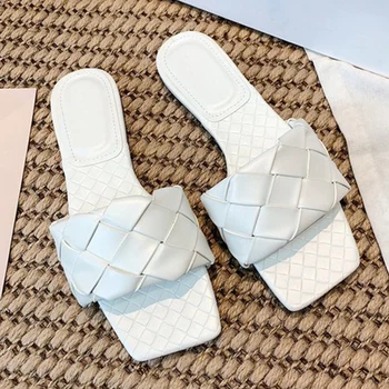 

Brand Slippers Women Shoes Summer Slides Square Toe Flat Sandals Weaving Casual Shoes Women Sandals Female Beach Flip Flops