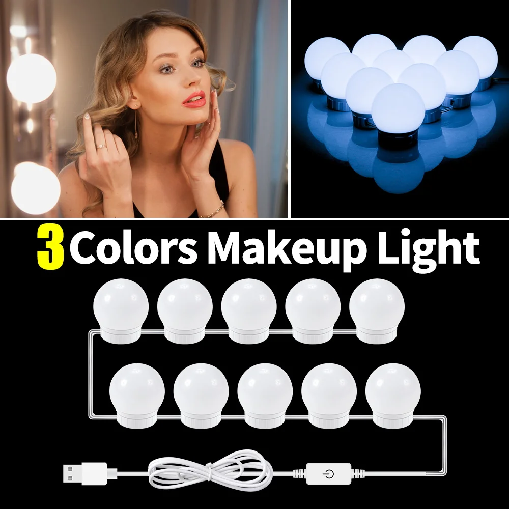 

3 Colors LED Vanity Mirror Light Bulb USB Dressing Table Cosmetic Lamp 12V LED Kit 2 6 10 14 Bulb Hollywood Dimmable Makeup Lamp