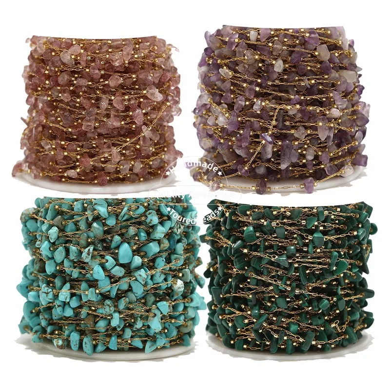 Chaînes de pierre naturelle irrégulière en acier inoxydable or 1M, Turquoise, améthyste, Quartz, perles de pierres précieuses pour la fabrication de colliers et de découvertes