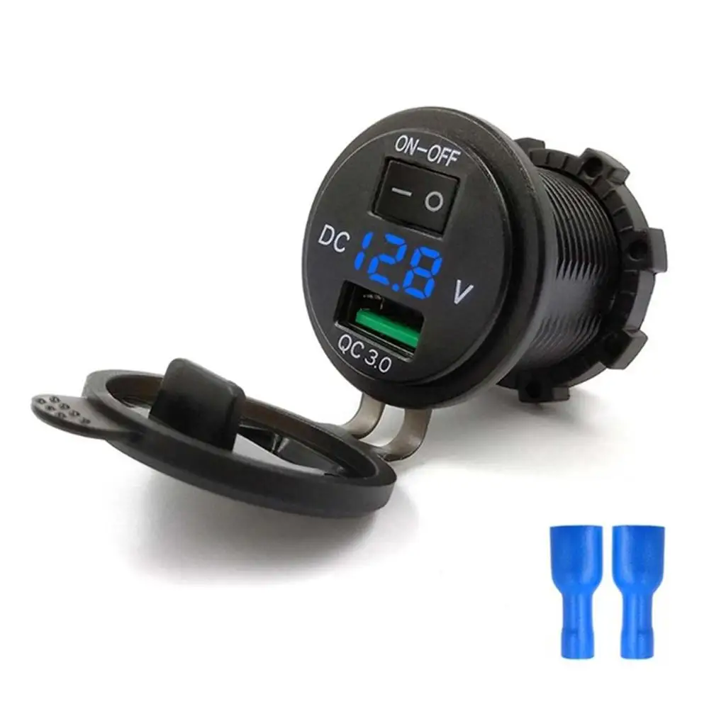BLUE LIGHT Водонепроницаемый QC 3,0 USB Автомобильное зарядное устройство с цифровой индикатор напряжения usb зарядное устройство для мотоцикла автомобильное зарядное устройство с выключателем - Тип штекера: BLUE LIGHT