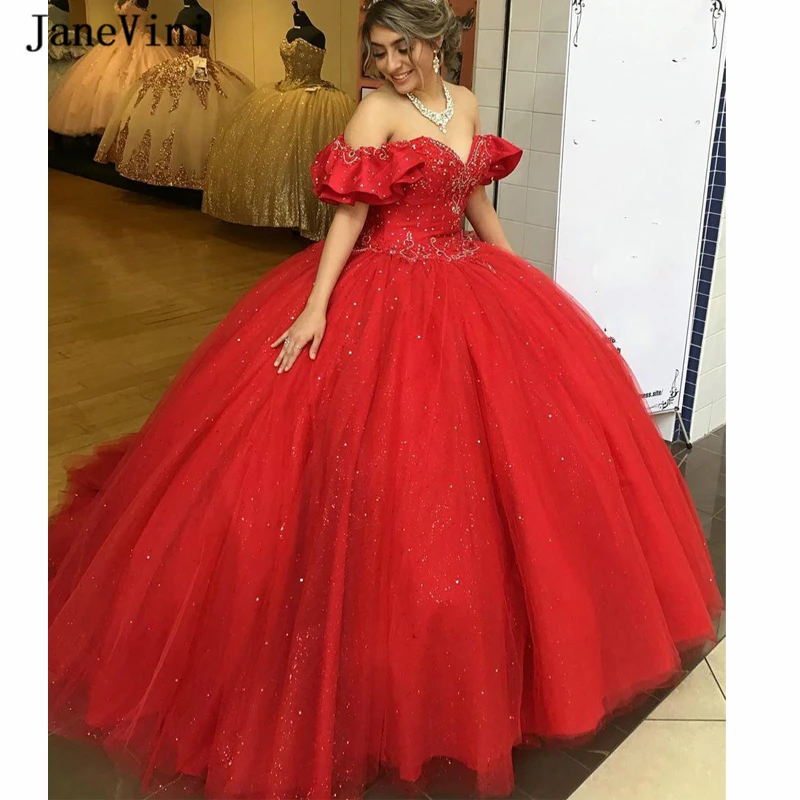 

JaneVini 2020 New Fashion Red Long Quinceanera Dresses Ball Gown Sweetheart Bling Beading Tulle Puffy Princess Formal Prom Dress