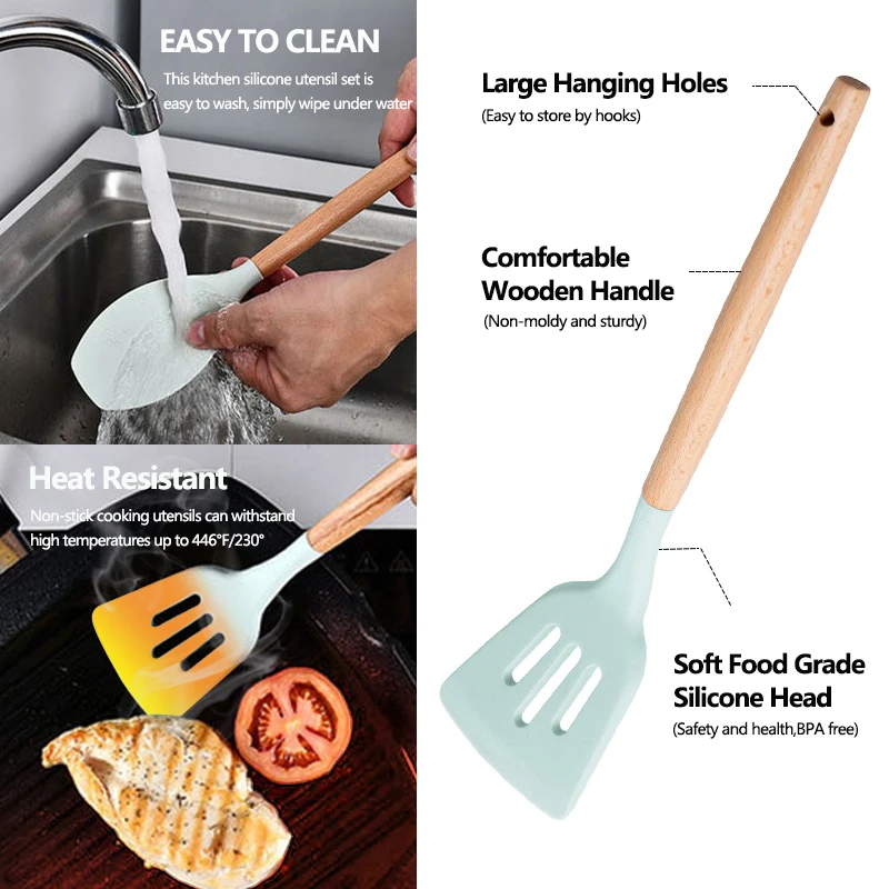 34pcs Silicone Cooking Utensils Set, 446f Heat Resistant Wooden Handle Cooking Kitchen Utensils Spatula Set with Holder for Nonstick Cookware