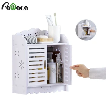

1 Pcs Wall Mounted Cabinet PVC Hanging Storage Rack with Doors and Shelves Space-Saver Bathroom Shelf Organizer for Toiletries