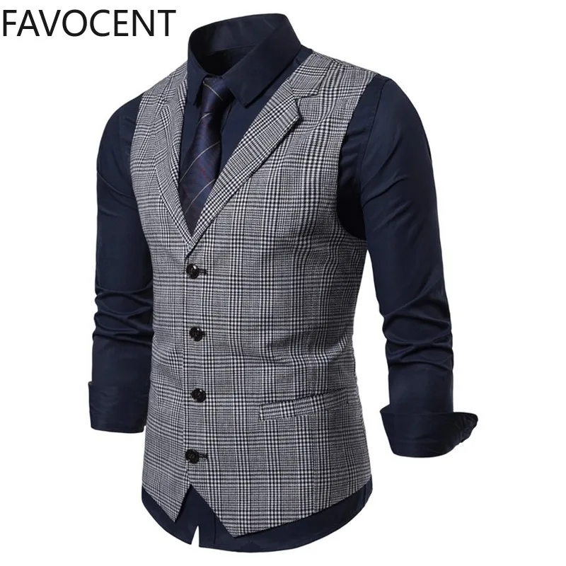 Mens Suit Vest Fashion Slim Fit Thin Plaid Men Waistcoat Tops Slim Business Vest Waistcoat Man England Style Male Leisure Suits dress vests