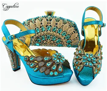 

Amazing sky blue high heel sandal shoes and purse handbag sets for fashion lady QSL008, heel height 11.5cm