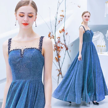 

Elegantes Sequined Evening Dresses Blue Sleeveless Vintage Birthday Party Starry Sky Dress Vestido De Noche Con Cristal