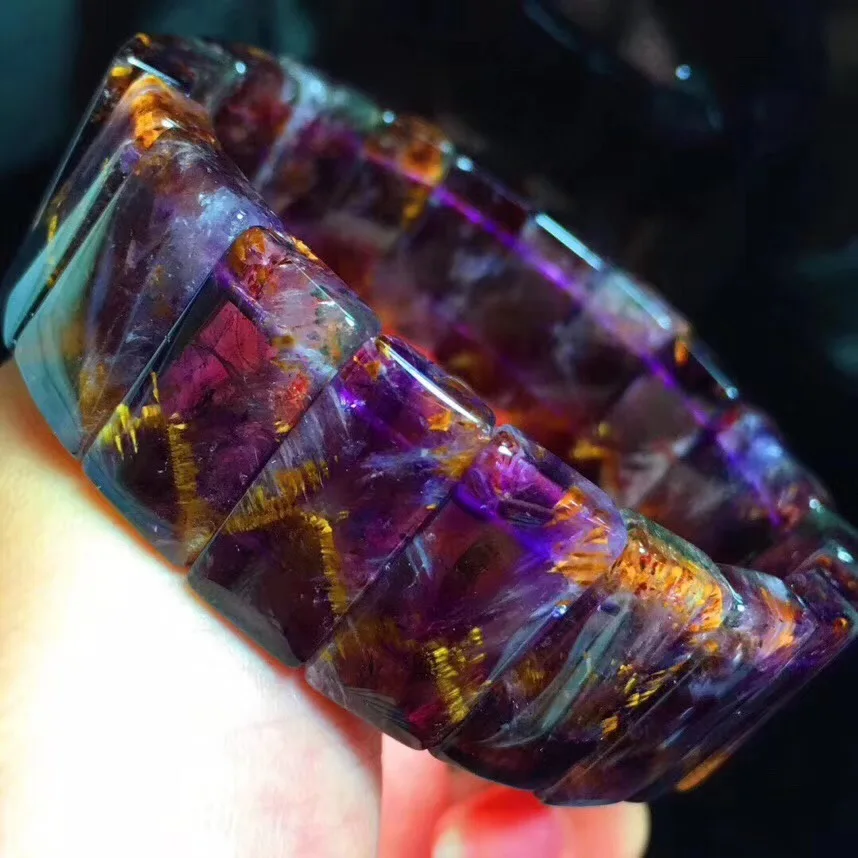 

Top Natural Gold Purple Cacoxenite Rutilated Bracelet For Woman Man Crystal 20x11mm Rectangle Beads Stretch Stone Jewelry AAAAAA
