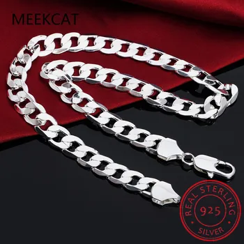 

925 Sterling Silver 18/20/22/24/26/28/30 Inch 12mm Flat Sideways Necklace For Women Man Fashion Wedding Charm Jewelry