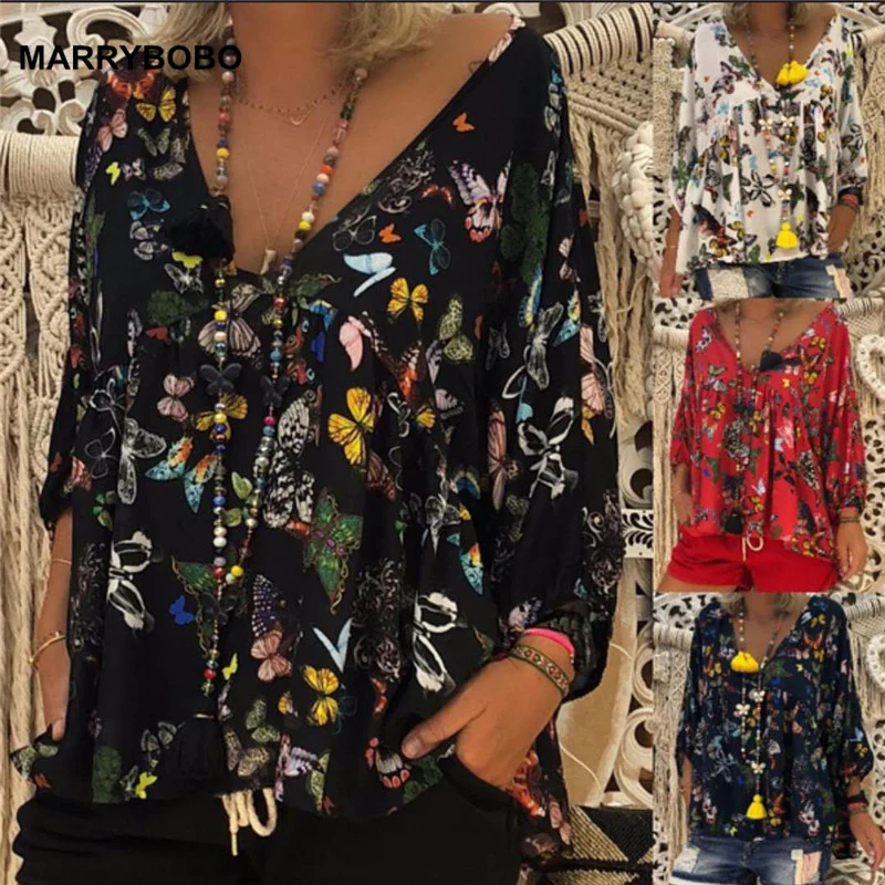 S-5XL Vintage Butterfly Print Bohemian Blouse Shirt 2021 Casual V-Neck Long Sleeve Blouses Plus Size Women Loose Tops | Женская одежда