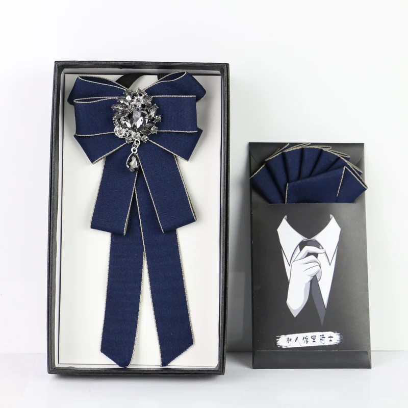2pcs Bow Tie Set Британский мужской женский ленточный галстук-бабочка, носовой цветок, карманный квадратный свадебный галстук для рубашки, пальто, сплав, стразы носовые платки с бантиком - Цвет: 2pcs Bow Tie Set